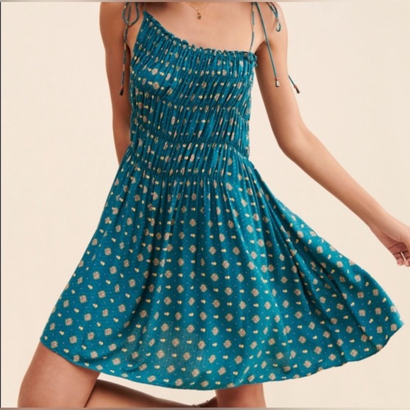 Free People Clementina Ruched Asymmetrical Floral Mini Dress Teal Size XS fits M - Picture 1 of 11